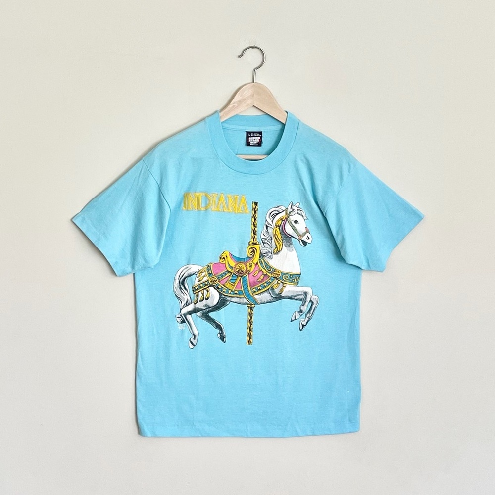 Vintage 90s Screen Stars Indiana Carousel Horse Graphic Blue T Shirt Adult Large
